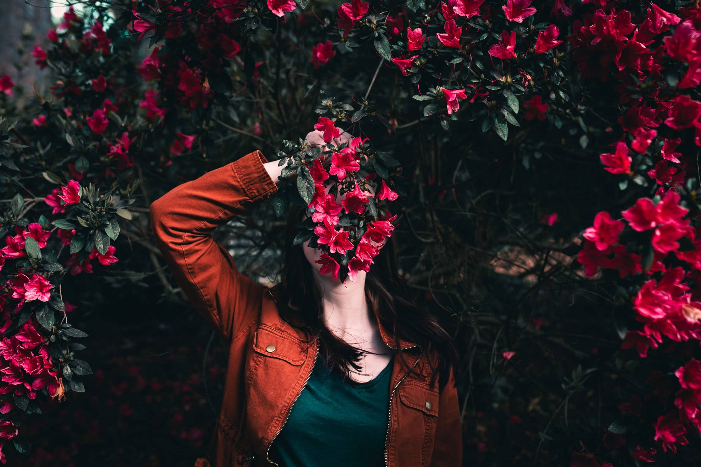 woman holding red flower in front of face